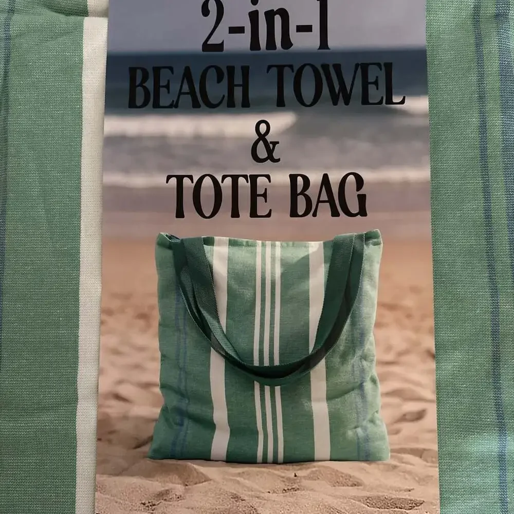 Himatsingka America Beach Towel Tote Bag Green Multicolor Striped 2-in-1 Cotton
